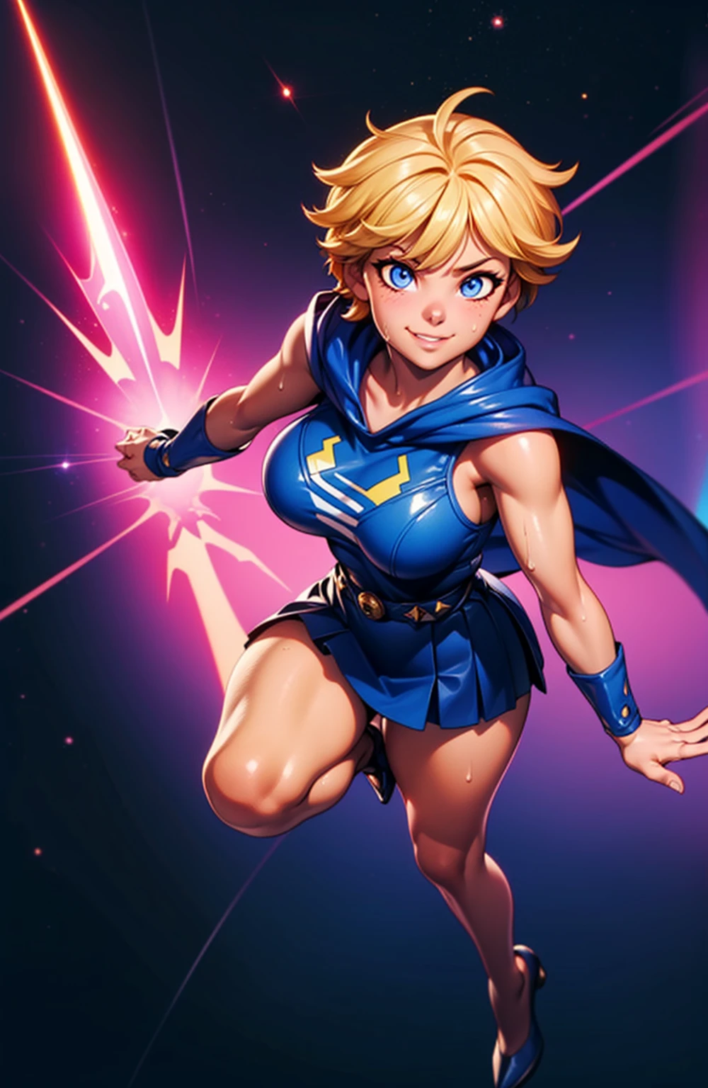 better fist, hand, Digital painting of flying fresh girl with royal blue mixed yellow middle short hair, super hero, muscle girl, highschool skirt, pose, fist up, 1knee up, ((from above)), Behance Contest Winner, afrofuturism, Synthwave, neon, glowing neon, ((sagging massive breasts)), cape, sweat, glossy silky skin, smile, in space, Surrounded by a shining aura. Outer space background, Severe. masterpiece, Highest quality, employment. Diffraction Spikes, Particles of light.