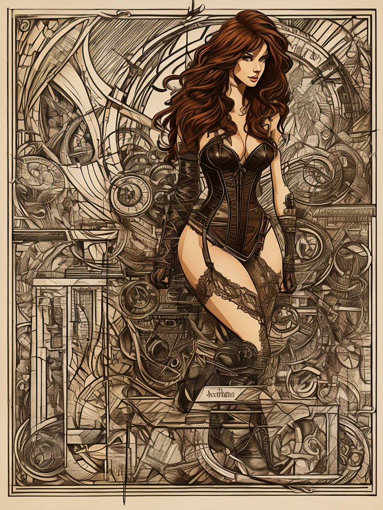 Sketchbook Style, Sketch book, hand drawn, dark, gritty, realistic sketch, Rough sketch, mix of bold dark lines and loose lines, bold lines, on paper, turnaround character sheet, a stunningly beautiful Amazon Woman, slim body, leather and lace corset, brown red floating hair, bangs, Full body, arcane symbols, runes, dark theme, Perfect composition golden ratio, masterpiece, best quality, 4k, sharp focus. Better hand, perfect anatomy. by With Design In Mind