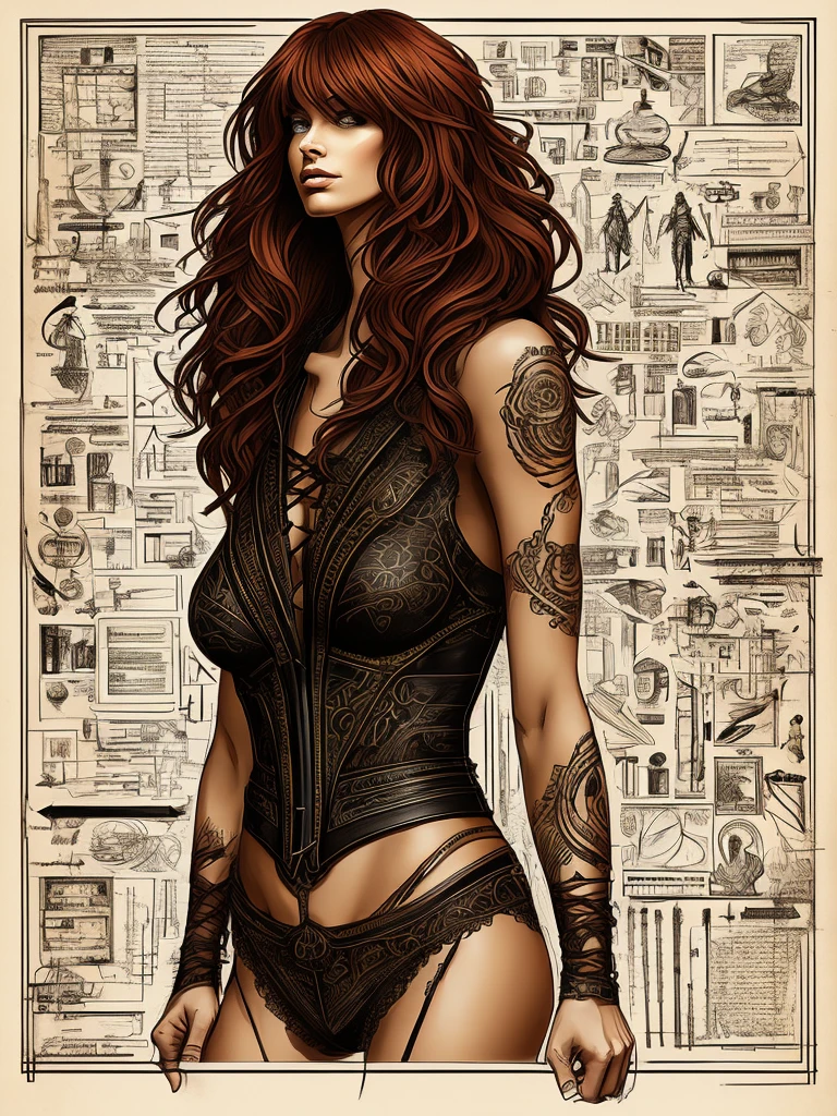 Sketchbook Style, Sketch book, hand drawn, dark, gritty, realistic sketch, Rough sketch, mix of bold dark lines and loose lines, bold lines, on paper, turnaround character sheet, a stunningly beautiful Amazon Woman, slim body, leather and lace corset, brown red floating hair, bangs, Full body, arcane symbols, runes, dark theme, Perfect composition golden ratio, masterpiece, best quality, 4k, sharp focus. Better hand, perfect anatomy. by With Design In Mind