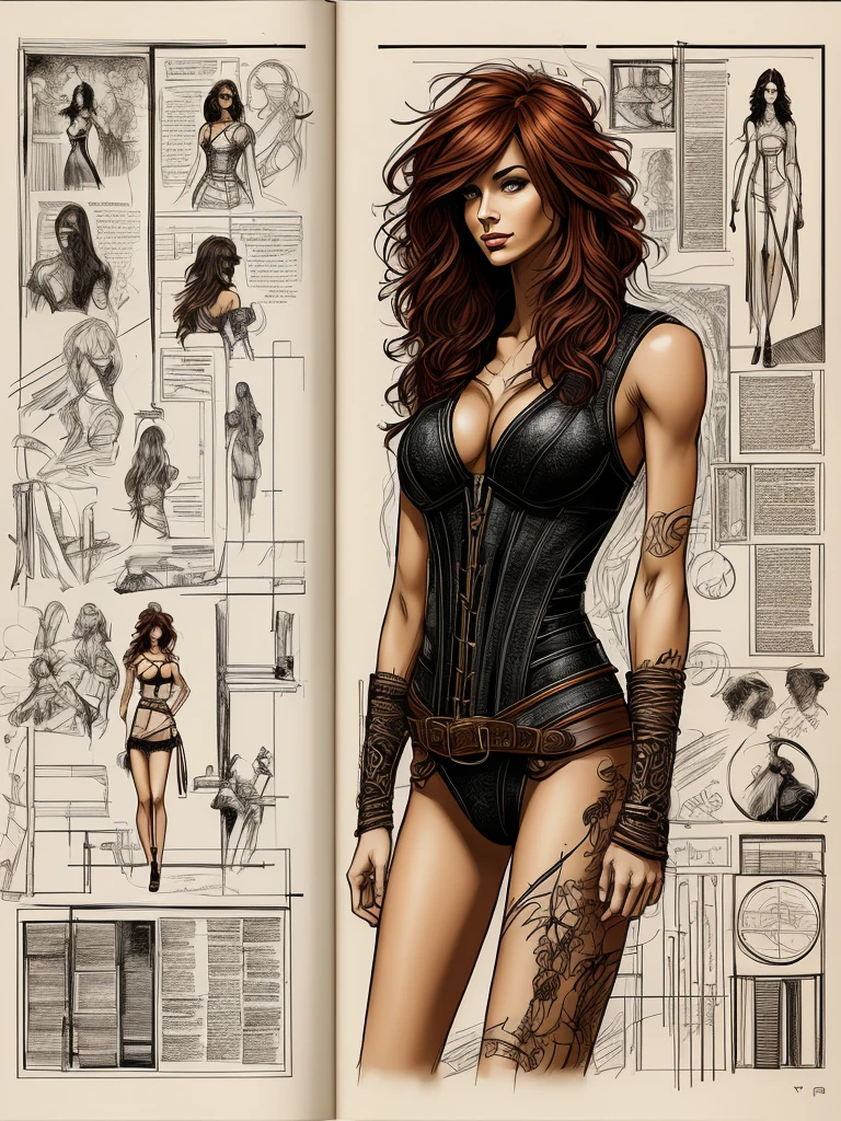 Sketchbook Style, Sketch book, hand drawn, dark, gritty, realistic sketch, Rough sketch, mix of bold dark lines and loose lines, bold lines, on paper, turnaround character sheet, a stunningly beautiful Amazon Woman, slim body, leather and lace corset, brown red floating hair, bangs, Full body, arcane symbols, runes, dark theme, Perfect composition golden ratio, masterpiece, best quality, 4k, sharp focus. Better hand, perfect anatomy. by With Design In Mind