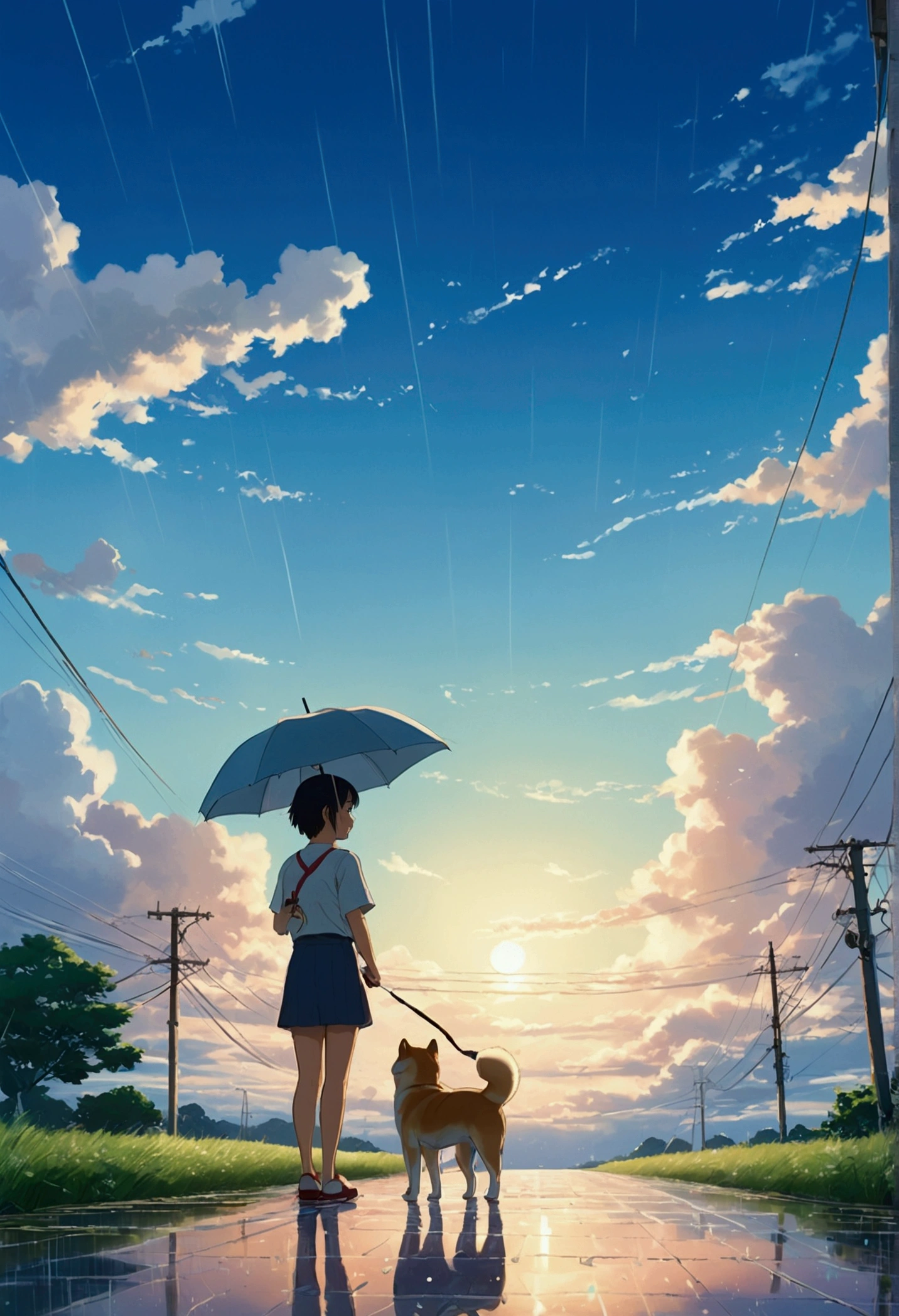 Makoto Shinkai Taste, Beautiful sky, rainy season,Umbrella,Shiba Inu Puppy, Girl with shoes,Romantic Landscape, Healing scenes,hope, Summer Morning,Makoto Shinkai Taste,Detailed Description,