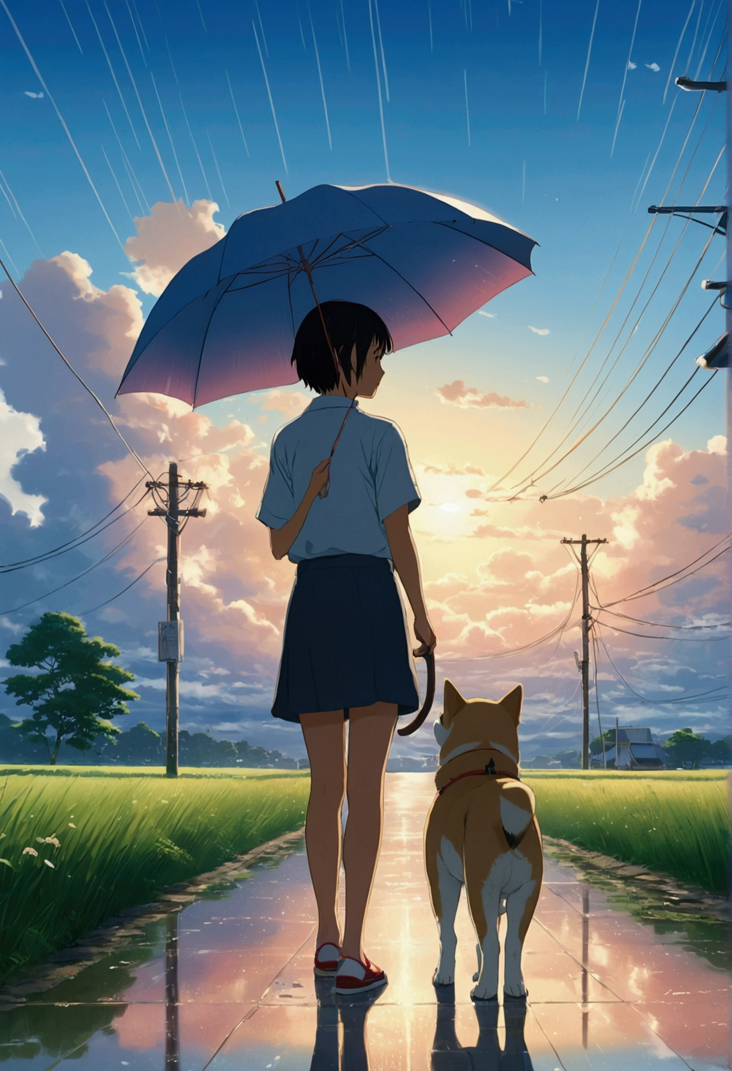 Makoto Shinkai Taste, Beautiful sky, rainy season,Umbrella,Shiba Inu Puppy, Girl with shoes,Romantic Landscape, Healing scenes,hope, Summer Morning,Makoto Shinkai Taste,Detailed Description,