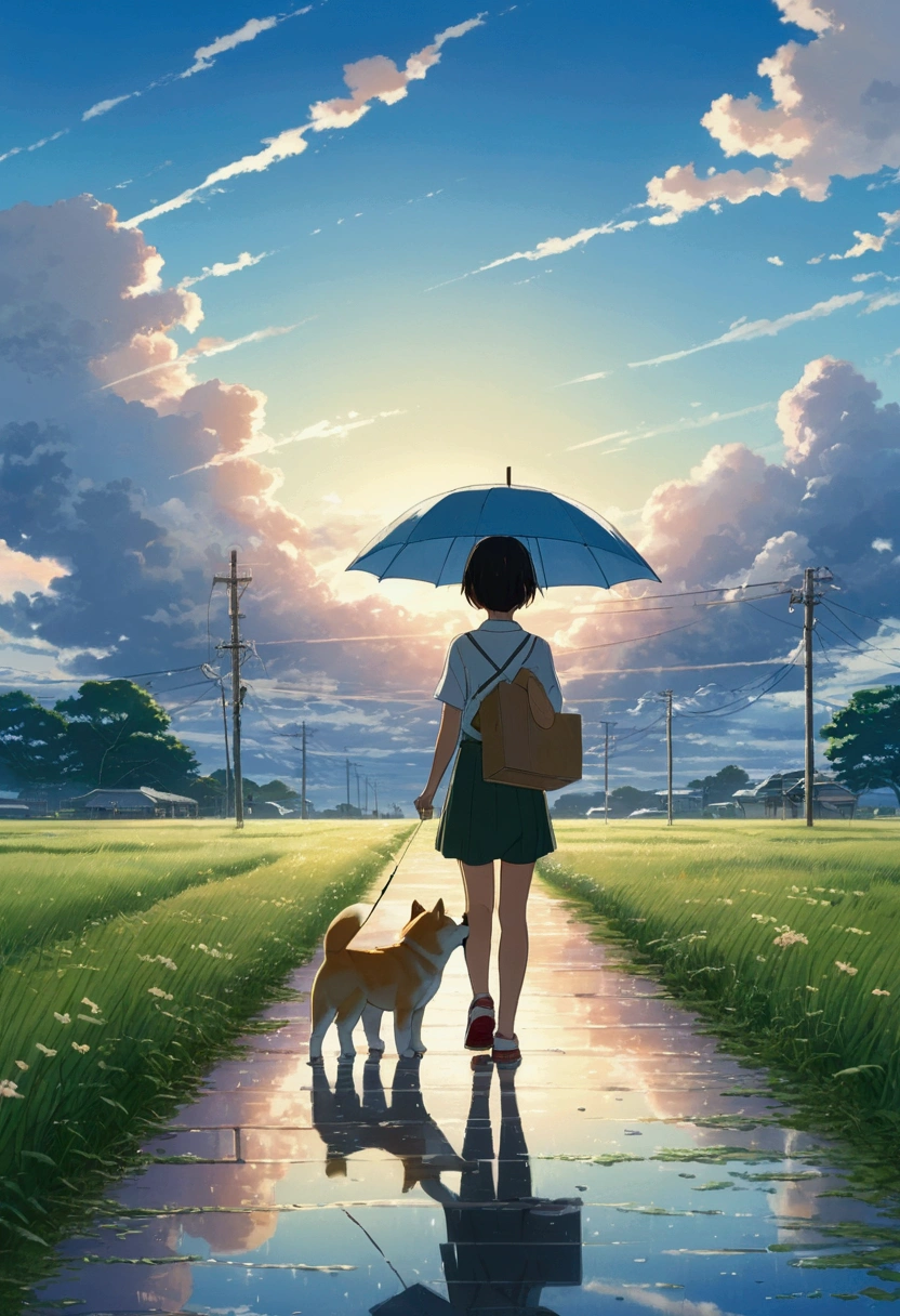 Makoto Shinkai Taste, Beautiful sky, rainy season,Umbrella,Shiba Inu Puppy, Girl with shoes,Romantic Landscape, Healing scenes,hope, Summer Morning,Makoto Shinkai Taste,Detailed Description,