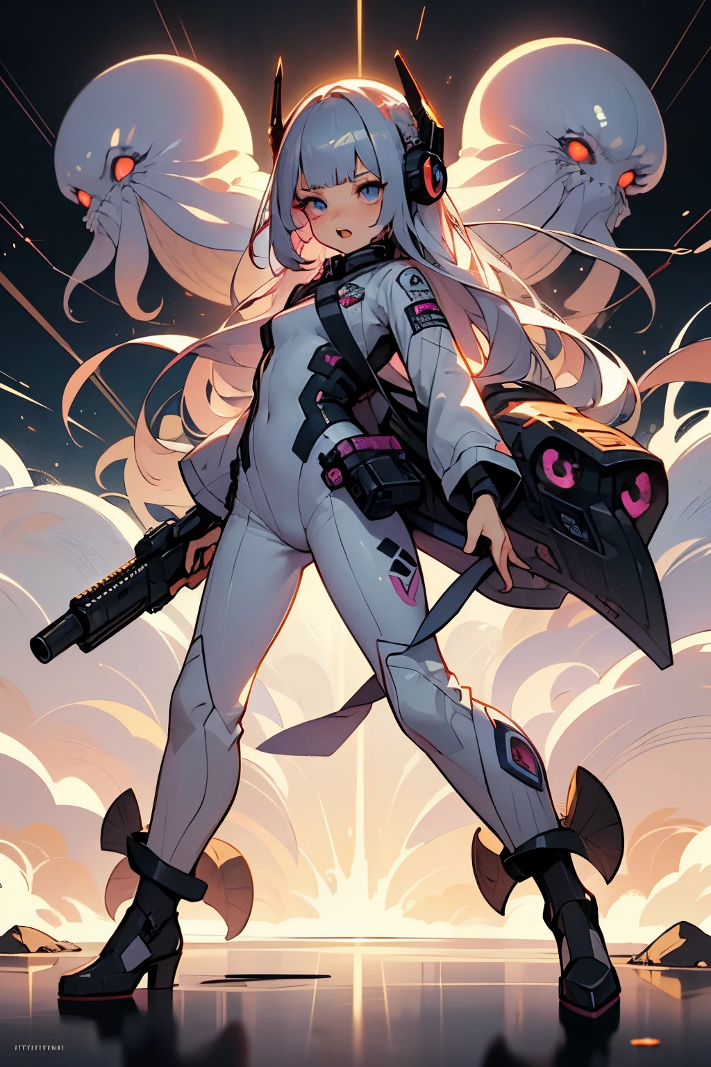 (Ultra-detailed face, roar, shout), (Full body, A young-aged woman with silver hair, blunt bangs, very long disheveled hair, and lavender eyes), (She wears a white combat suit with futuristic geometric patterns, a headset with a microphone, and a laser gun), BREAK (She roars, screams, and boldly fires her laser gun at a multitude of octopus aliens and glowing Adamski UFOs), BREAK (In the background, an army of ferocious octopus aliens, burning, smoking, destroyed buildings, and UFOs fly by)