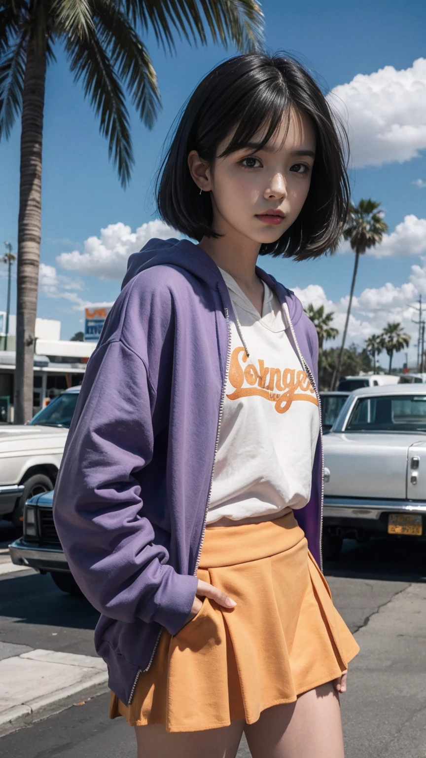 (medium long shot portrait) of cute 23 yo girl ,wear ((orange color oversized_hoodie)), wear ((purple tennis skirt)),looking front,Best Quality,Masterpiece,Ultra High Resolution,(Realisticity:1.4),Original Photo, 1Girl, light leak,ultra high resolution,UHD,beautiful, (black bob hairstlye), almond eye, no makeup, in front of ((80's los angles colorful gas station)), (realistic:1.2), (surreal:1.3), (very detailed:1.1), ((masterpiece)),summer, blue sky, palm trees,sunny, los angles vibes,film camera, 800mm lens,style of Philip Lorca diCorcia