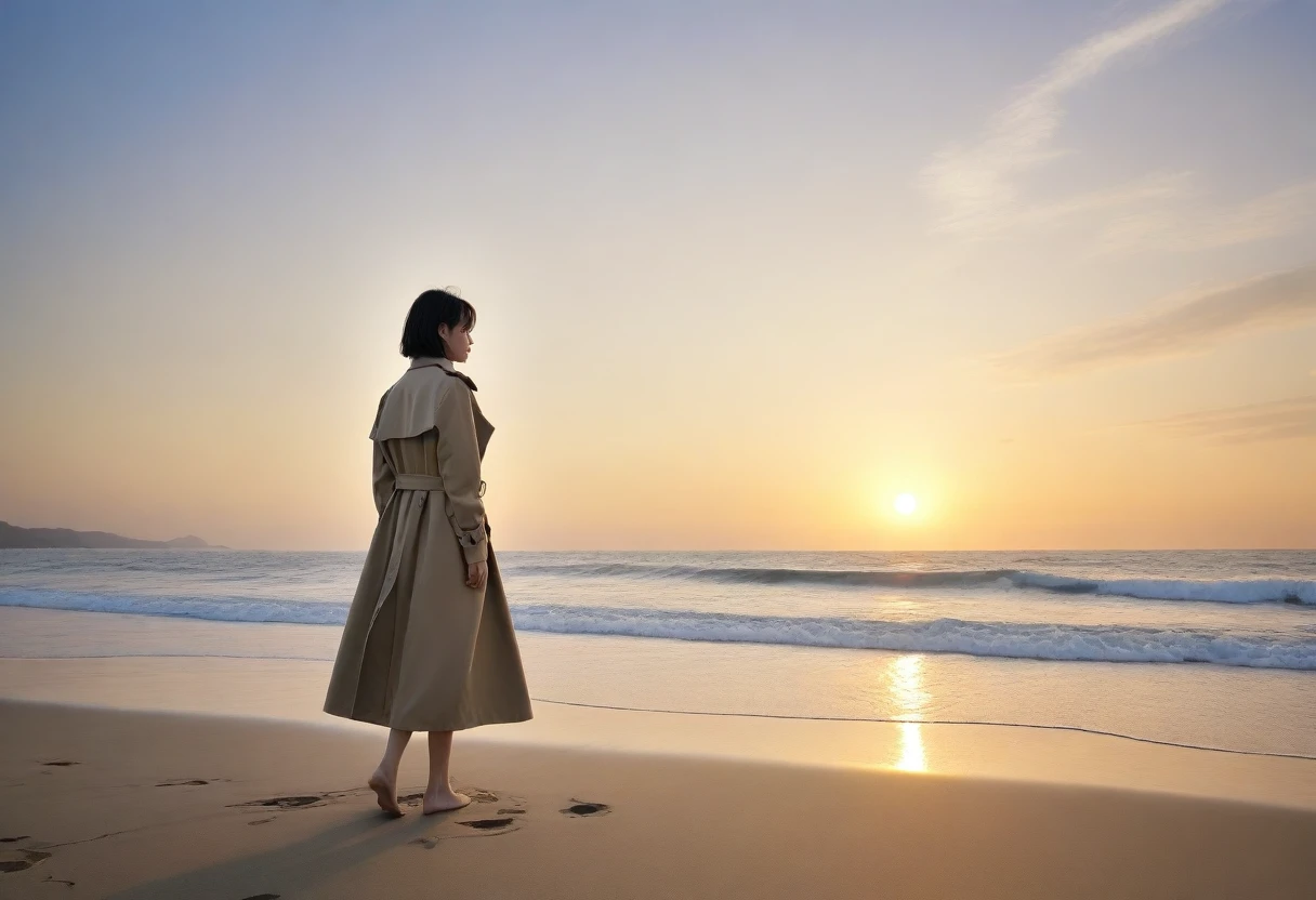 8K, Vivid picture quality, The picture quality is vivid,, long deserted beach, sunset viewer from afar, Walking on the beach, short hair that covers the neck, turtleneck, trench coat, sunset의 붉은 빛, sunset, alone, afternoon, depressed, tide가 밀려온다, ocean, tide, wind, short korean girl, calm wave canon camera 16-35 wide angle lens, full body shot