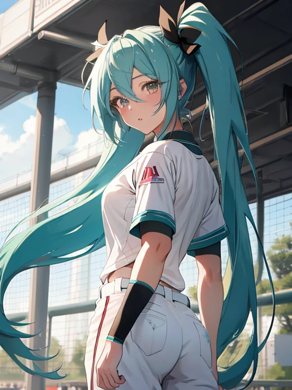 Baseball Player, Hatsune Miku, (masterpiece), highest quality, 1girl, uhd, retina, masterpiece, ccurate, anatomically correct, textured skin, super detail, high details, high quality, best quality, highres, 4K