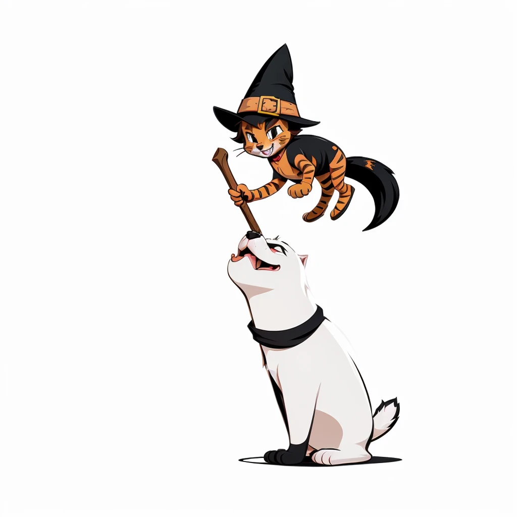Stylized cartoon mascot, vector flat logo, simple lines, cute cartoon illustration, funny, white backdrop, a cat become a witch