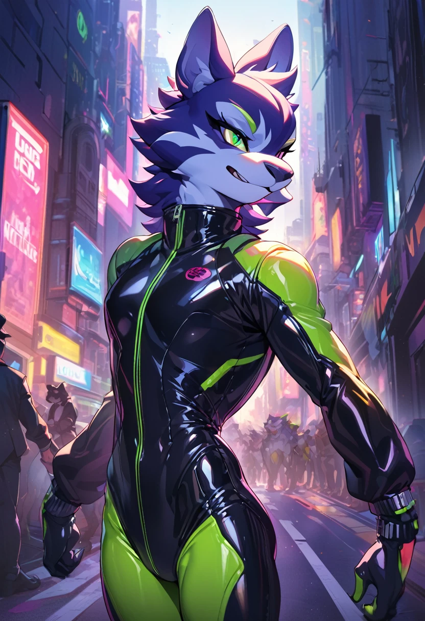 Highest quality, Highest quality, High quality illustrations, masterpiece, Ultra-high resolution, Detailed Background, cyber-, Absurd, Perfect Anatomy, performance, Good lighting, Shadows in the movies(kemono, Furry Personifi猫ion), Rubber suit, latex, neon, neonライト, neonカラー, Racing Suits, Leather Half Jacket, Harness