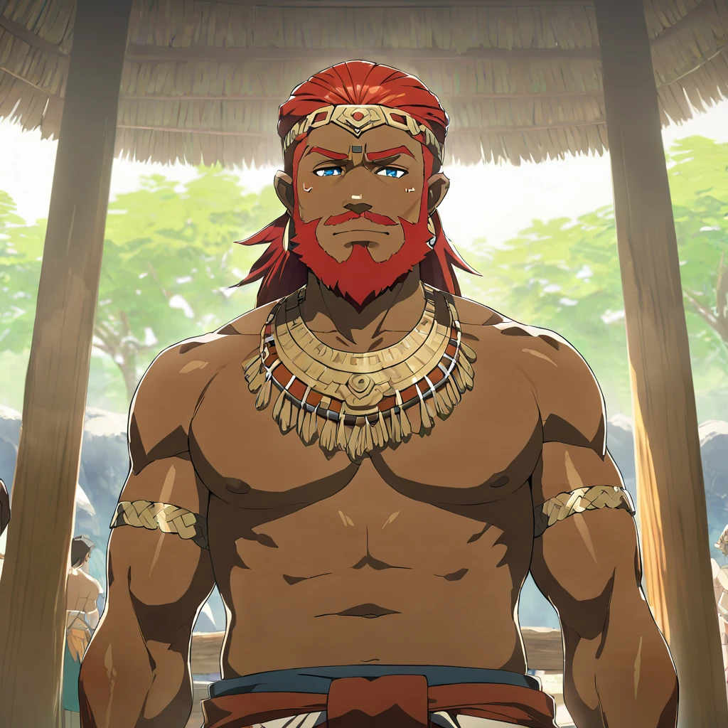 ((Highest quality)), ((masterpiece)), (detailed), (Perfect Face)、The woman is Queen Zelda of the Gerudo tribe, with red hair, blue eyes and brown skin.、The woman is wearing the sexy, see-through traditional costume of the Gerudo tribe.、The woman happily serves King Ganondorf.、The man is King Ganondorf of the Gerudo tribe, a dignified, middle-aged man with a beard, strong red hair and dark skin, and is wearing the traditional Gerudo costume.