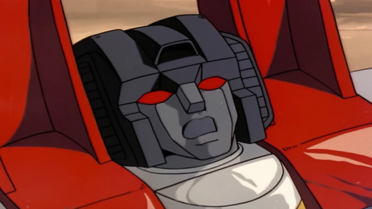 The background is blurred、8K、remaster、From G1 Transformers, Details of the masterpiece, RTX4090、starscream, Face close-up, Beautifully rendered、 Close-up view of the robot, 3d, CG,  Surreal,