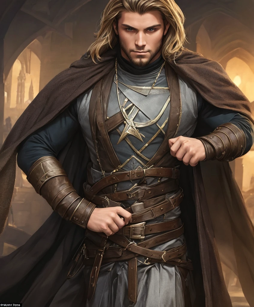 (((Single character image.))) (((1boy))) (((Dressed in medieval fantasy attire.)))  (((Generate a darkly handsome male character for a fantasy setting.))) (((Appears to be 20 years old with youthful looks.))) (((Looks like the ideal vision of a sexy, handsome rugged male.))) Design a handsome, attractive male adventurer for a fantasy setting.  He has strong features and shoulder length blond hair. (((The background to the image is dark and eerie..)))  (((Looks like male fitness model Anton Antipov.))) best quality:1.0,hyperealistic:1.0,photorealistic:1.0,madly detailed CG unity 8k wallpaper:1.0,masterpiece:1.3,madly detailed photo:1.2, hyper-realistic lifelike texture:1.4, picture-perfect:1.0,8k, HQ,best quality:1.0, 