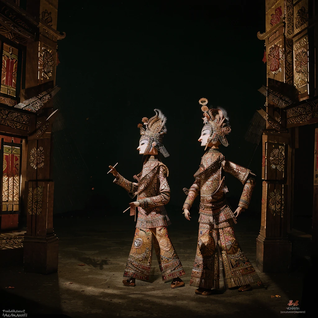 (very sharp photo result, hyper realistic photo) (Best Quality), (masterpiece), (Ultra-detailed CG),(magical ) traditional heritage indonesian west java puppet show "wayang golek", pandawa character detailed material & painting with traditional batik cloth ornament, posing dramatically, shadow & light, night shoot shade backlight treatment, taken with DLSR photo, hasselblad, medium lens