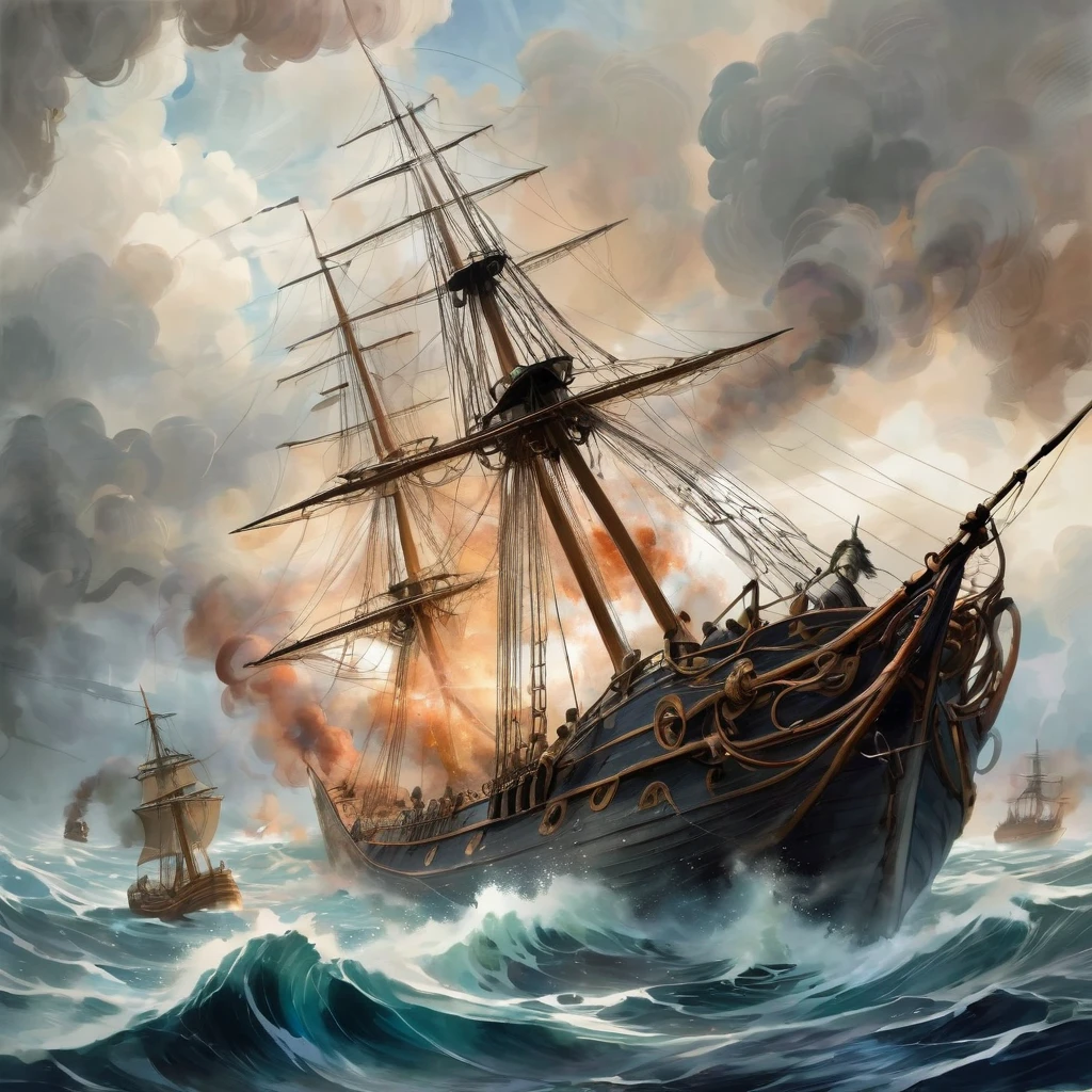 Ancient giant squid fights against naval opponents in the raging seas