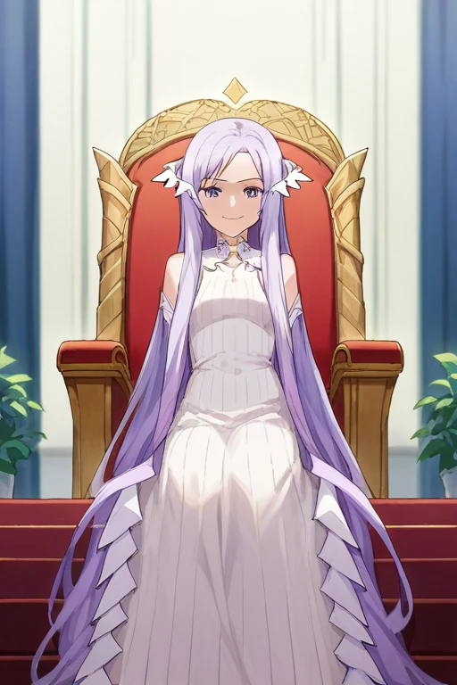 score_9, score_8_climb, score_7_climb, source_anime,
Quinella, Quinella, absurdly long hair, purple eyes, long hair, Separate bangs, purple hair, very long hair, hair accessories, smile,
set, purple set, ribbed set, arms separated, Sleeveless,
In the building, sit, throne, throne room,
look at viewer, Dutch corner, Cowboy Shot,