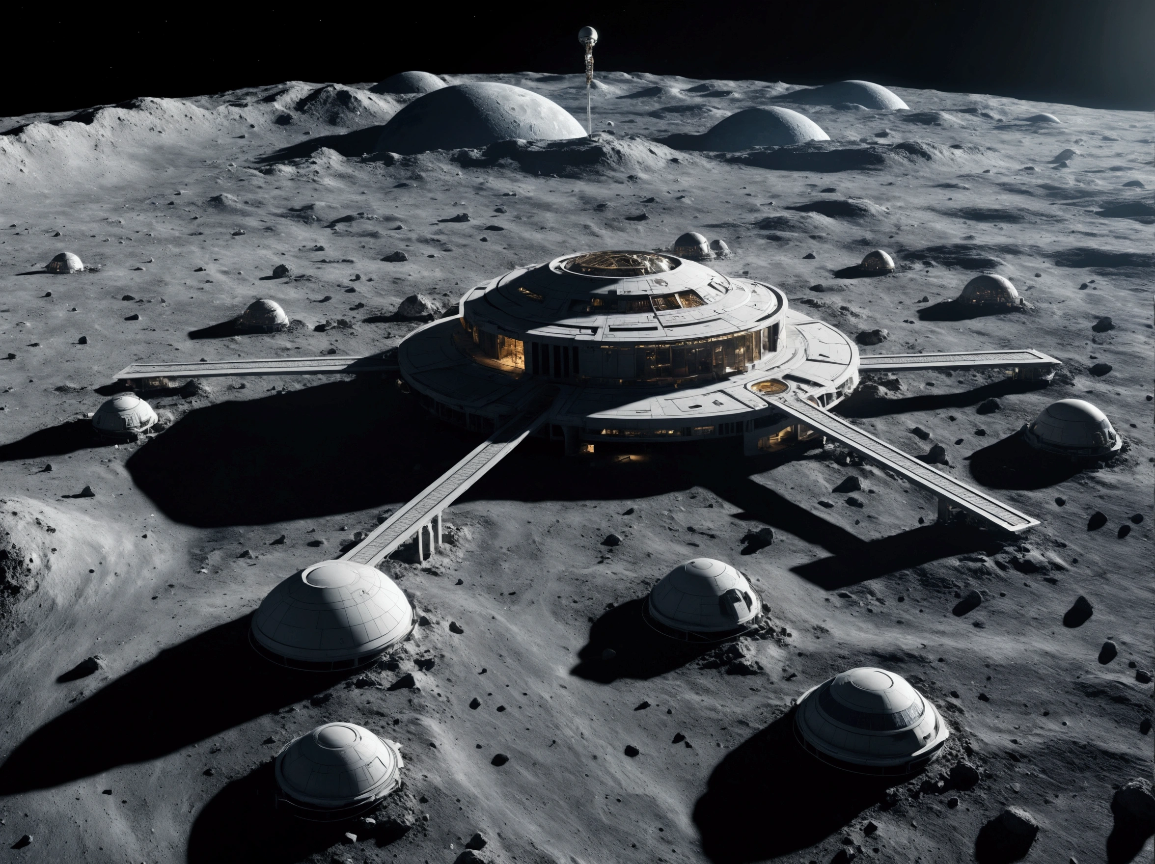 (8k, 16k, highest quality, photorealistic, raw photo, award winning, high resolution, high definition, masterpiece: 1.3) Colonies once built on the moon, ruins on the moon, old colonies, the first colonies built on the moon A decaying white colony that is considered to be the ruins of a future world, a future moon surface, a well-maintained moon surface, a space city, a failure to migrate to the moon, a tourist destination in the future, the earth visible in the distance, and the latest developments near the colony. a spaceship is landing