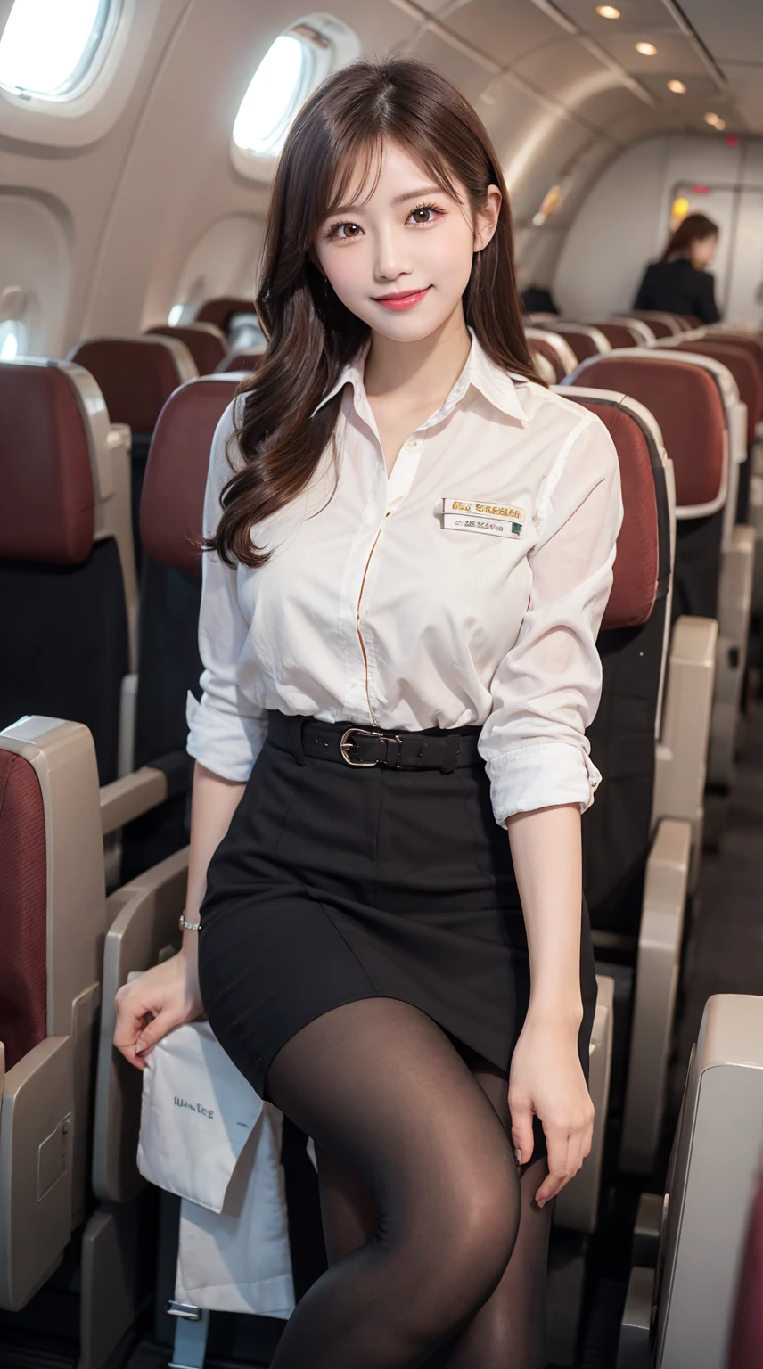 ​highest quality、8k、best image quality、Award-winning work), two beautiful women、1 women, radiant beautiful skin , masterpiece、top-quality、The ultra -The high-definition、depth of fields、lens flare 、brown hair, watching at viewers glares, large breasts , cabin crew uniform, short   skirt, (black high heels), perfect legs, model pose, view from below, smiling , flight cabin, pantyhose 
