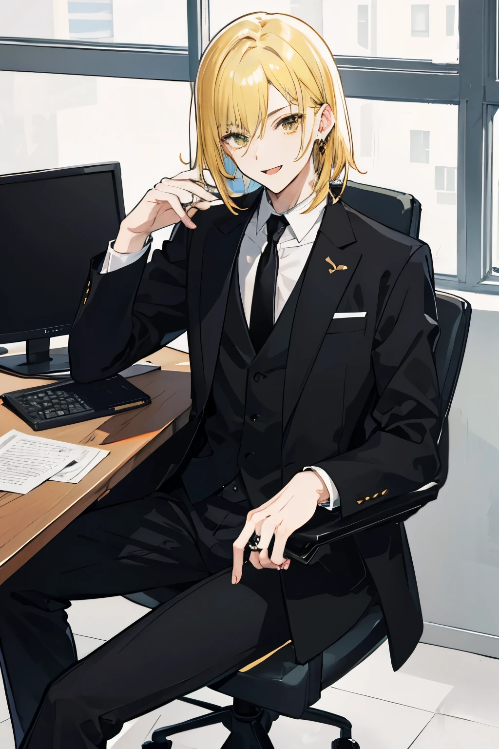 Handsome, anime, male, gold hair. gold eyes, crazy smile, manipulative, wearing black rings, detailed masterpiece, sitting office chair,, behind window, ,wearing black trouser wearing black coat, black necktie, stylized, aesthetic, wearing suit,