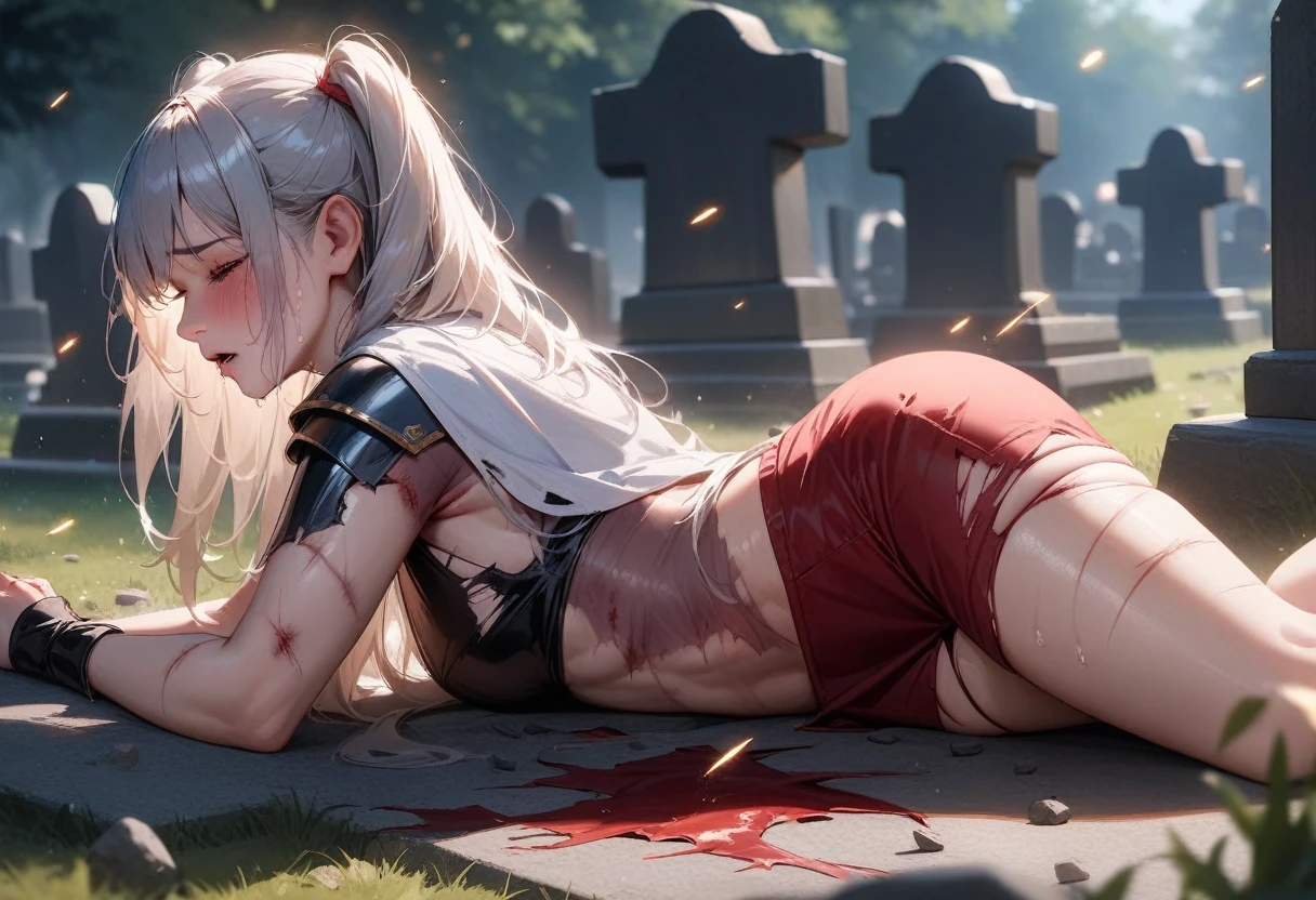 (masterpiece), (best quality), very aesthetic, absurdres, perfect anatomy, realistic, (two side up), long hair, silver hair, (red pencil Dress, single shoulders armor with Cape, pencil miniskirt), [black thigh-highs], [white panties], (injury skin, scar skin, bleeding skin, torn clothes:1.1), Broken Armor, BREAK NSFW, solo, 1girl, lying, (on stomach, from behind), (one eye closed, cry, tears), sigh, blush, sweat, (outdoors, graveyard), sparks, shockwave, stone Debris, cinematic lighting, diffraction spikes, three quarter view