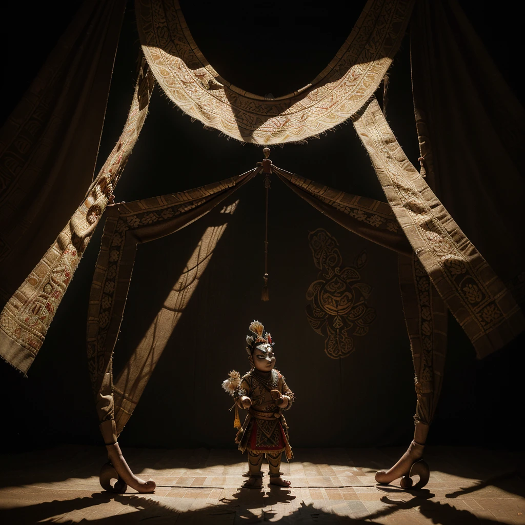 (very sharp photo result, hyper realistic photo) (Best Quality), (masterpiece), (Ultra-detailed CG),(magical ) traditional heritage indonesian west java puppet show "wayang golek", pandawa character detailed material & painting with traditional batik cloth ornament, posing dramatically, shadow & light, night shoot shade backlight treatment, taken with DLSR photo, hasselblad, medium lens