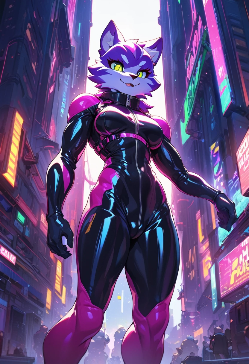 Highest quality, Highest quality, High quality illustrations, masterpiece, Ultra-high resolution, Detailed Background, cyber-, Absurd, Perfect Anatomy, performance, Good lighting, Shadows in the movies(kemono, Furry Personifi猫ion), Rubber suit, latex, neon, neonライト, neonカラー, Racing Suits, Harness