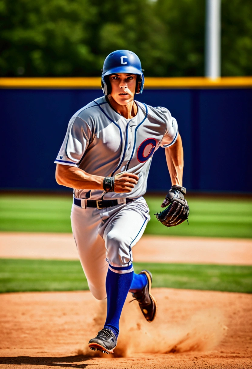 (Baseball Player), In the baseball field, runner move quickly between base bags, with a busy baseball field in the background, focusing on focused expression and sprinting posture, full body, award-winning, cinematic still, emotional, vignette, dynamic, vivid, (masterpiece, best quality, Professional, perfect composition, very aesthetic, absurdres, ultra-detailed, intricate details:1.3)