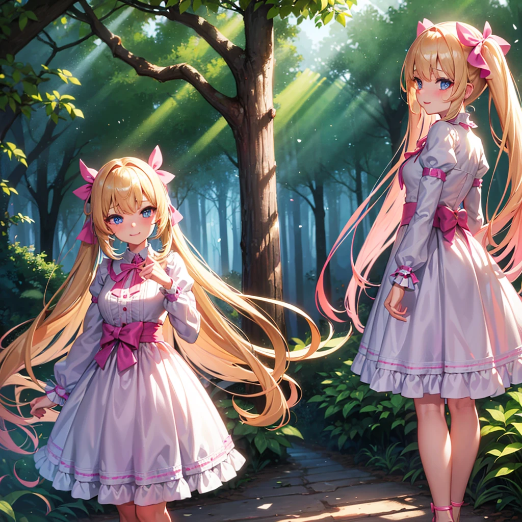 finely detailed beautiful girl, detailed 16k best quality, shiny hair, ultra-detailed beautiful shiny highlight clear eyes focus, Blushing、Blonde、Twin tails、Blue Eyes、laughing、Walking in the forest、Pink ribbon、
