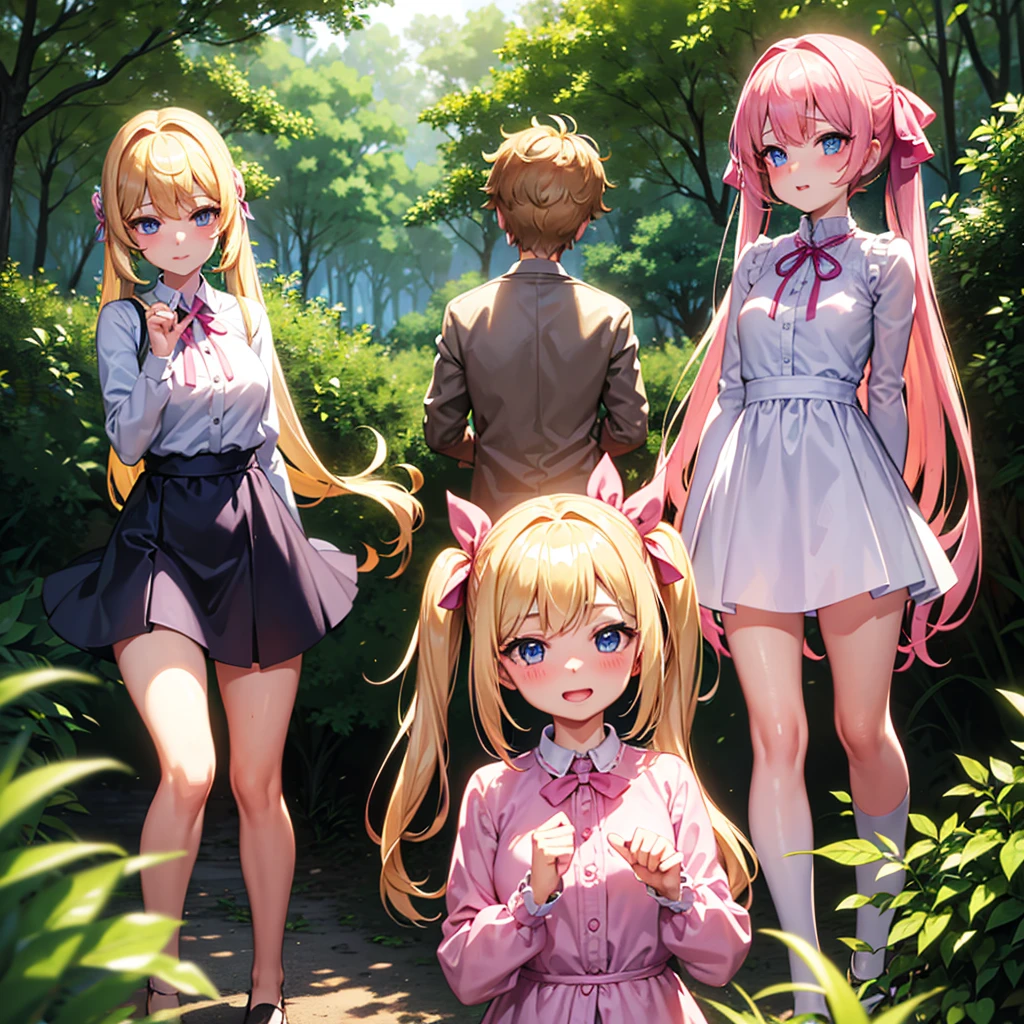finely detailed beautiful girl, detailed 16k best quality, shiny hair, ultra-detailed beautiful shiny highlight clear eyes focus, Blushing、Blonde、Twin tails、Blue Eyes、laughing、Walking in the forest、Pink ribbon、