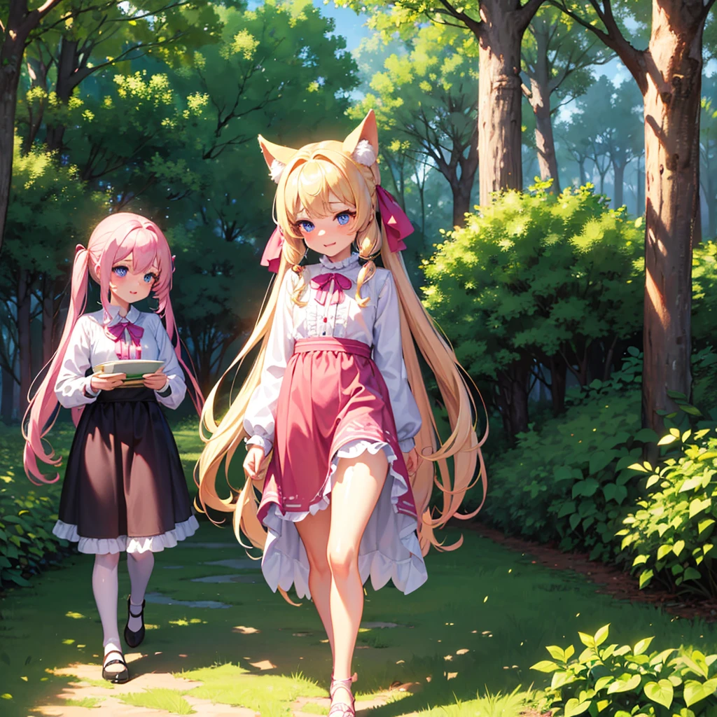 finely detailed beautiful girl, detailed 16k best quality, shiny hair, ultra-detailed beautiful shiny highlight clear eyes focus, Blushing、Blonde、Twin tails、Blue Eyes、laughing、Walking in the forest、Pink ribbon、