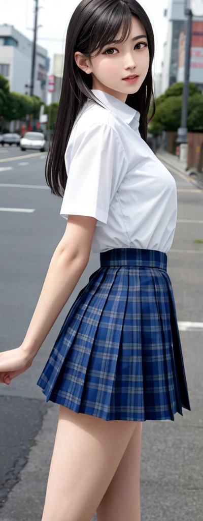 {top quality, masterpiece}, (Realistic: 1.3), (photo Realistic: 1.3), wallpapers, BREAK {{{FF7, Tifa_lockhart, solo}}},{{{Japan JK uniform, White short-sleeved shirt, Navy Blue Plaid Pleated Skirt, Dark blue short socks, loafers, see through shirt}}}, (background big city,shibuya:1.1), {{{erotic, Nogizaka idol}}}, Ultra-detailed face, Detailed eyes, Red eyes, BREAK (black brown hair, Large breasts: 1.0),  BREAK  About 18 years old, kawaii, sensual, looking away, Beautiful legs, {{{behind view, back hair, calf, back view}}}, {model pose}, focus on legs , full body