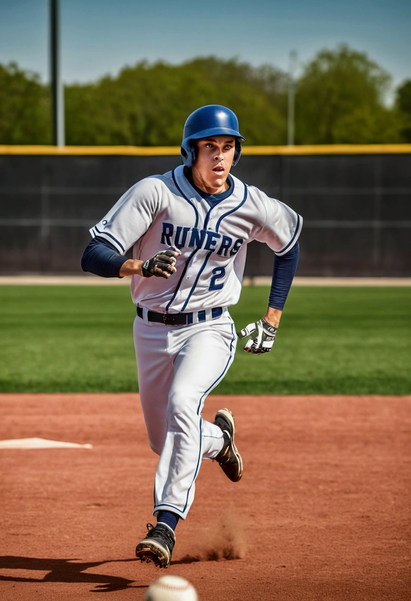 (Baseball Player), In the baseball field, runner move quickly between base bags, with a busy baseball field in the background, focusing on focused expression and sprinting posture, full body, award-winning, cinematic still, emotional, vignette, dynamic, vivid, (masterpiece, best quality, Professional, perfect composition, very aesthetic, absurdres, ultra-detailed, intricate details:1.3)
