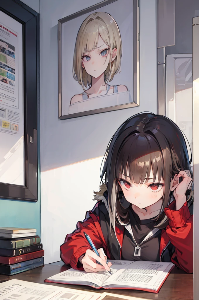 girl with short dark brown hair with silver highlights and blonde staring blankly at a Bakugou studying very concentrated and biting his pencil