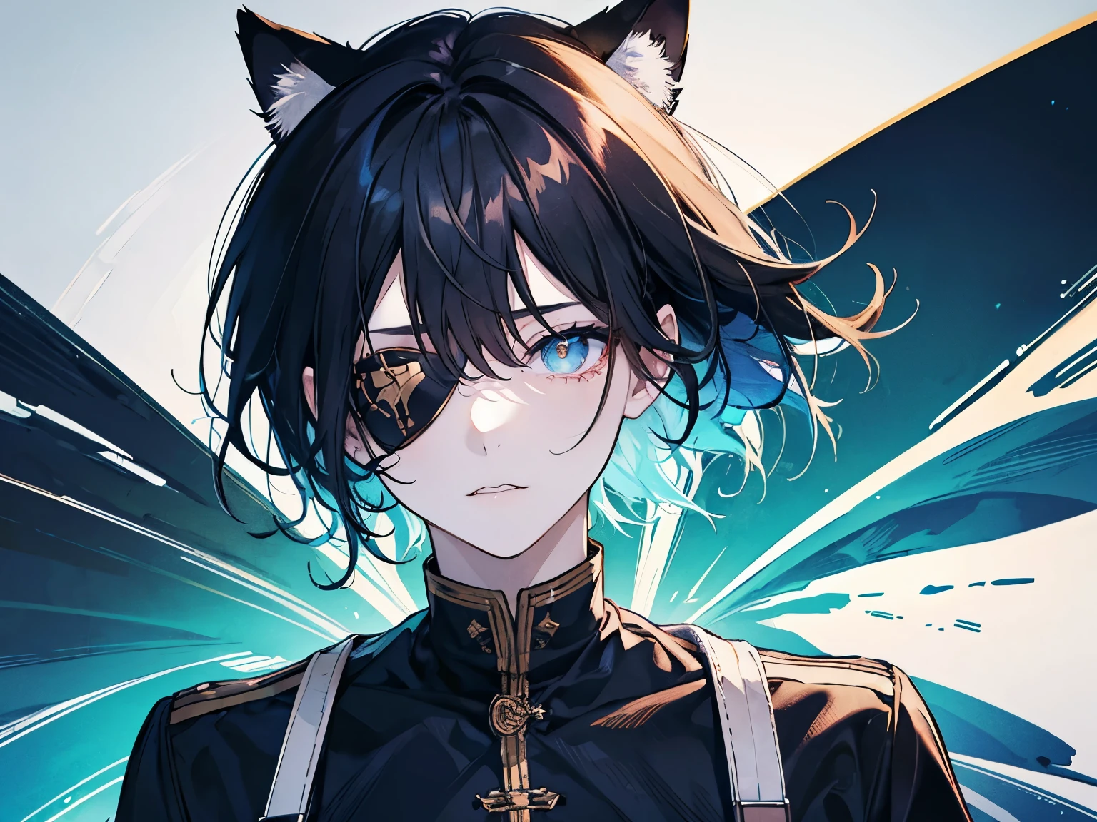 a boy, gradient_eyes, yellow eyes, upturned eyes, slit pupils, eyepatch, dark blue hair, short hair, side swept bangs, wearing a white tee shirt and a black jean, a red coat, cat ears, cat tail, sad, tears are rolling on is cheeks, crying under the sea, weet clothes and hair, high details, high quality, best quality, highres