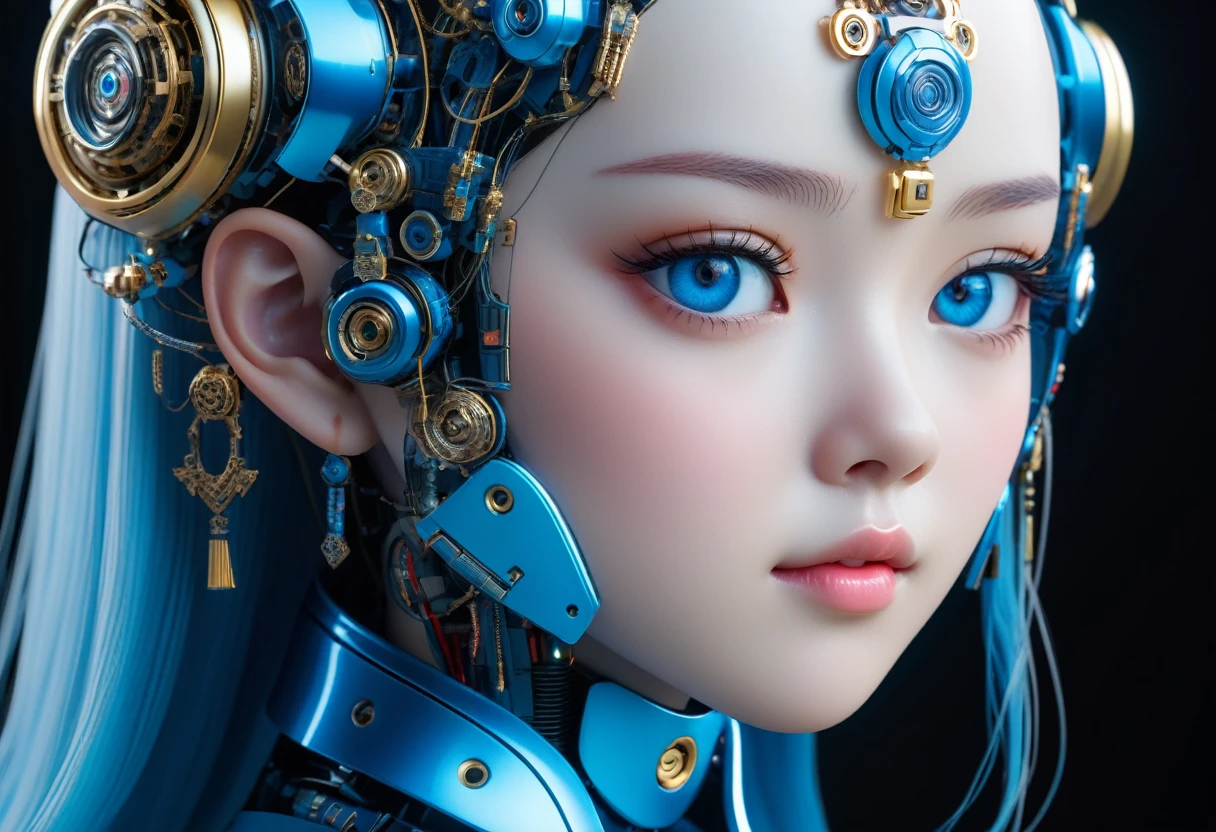 complex 3d render ultra detailed of a beautiful porcelain skin head asian girl with blue eyes profile android face, Facing the camera、cyborgs, roboticparts, 150mm, beautiful studio soft light, Felgenlict, vibrant detail, luxuriouscyberpunk, Go to top, Hyper Realistic, anatomically,