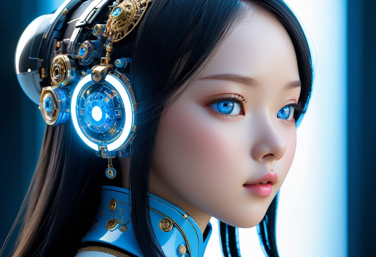 complex 3d render ultra detailed of a beautiful porcelain skin head asian girl with blue eyes profile android face, Facing the camera、cyborgs, roboticparts, 150mm, beautiful studio soft light, Felgenlict, vibrant detail, luxuriouscyberpunk, Go to top, Hyper Realistic, anatomically, 