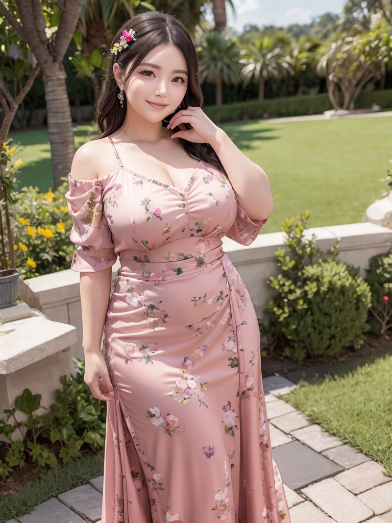 A beautiful and hot almost chubby mature woman.who is wearing a patterned short dress and is and standing in the resort. A smiling face、sexy woman、A radiant smile、adorable、race、Frills、Colorful design、Full-length mirror、An inviting gaze、Gorgeous long and beautiful hairstyle、variation Hairstyle、Open neck blouse、Alluring、Flower Garden、Sparkling、elegant princess、Full body description、１people。Front view