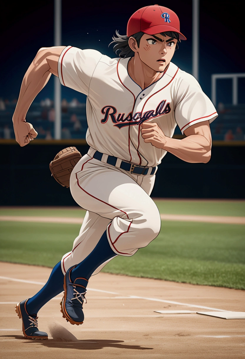 (Baseball Player), In the baseball field, runner move quickly between base bags, with a busy baseball field in the background, focusing on focused expression and sprinting posture, full body, award-winning, cinematic still, emotional, vignette, dynamic, vivid, (masterpiece, best quality, Professional, perfect composition, very aesthetic, absurdres, ultra-detailed, intricate details:1.3)