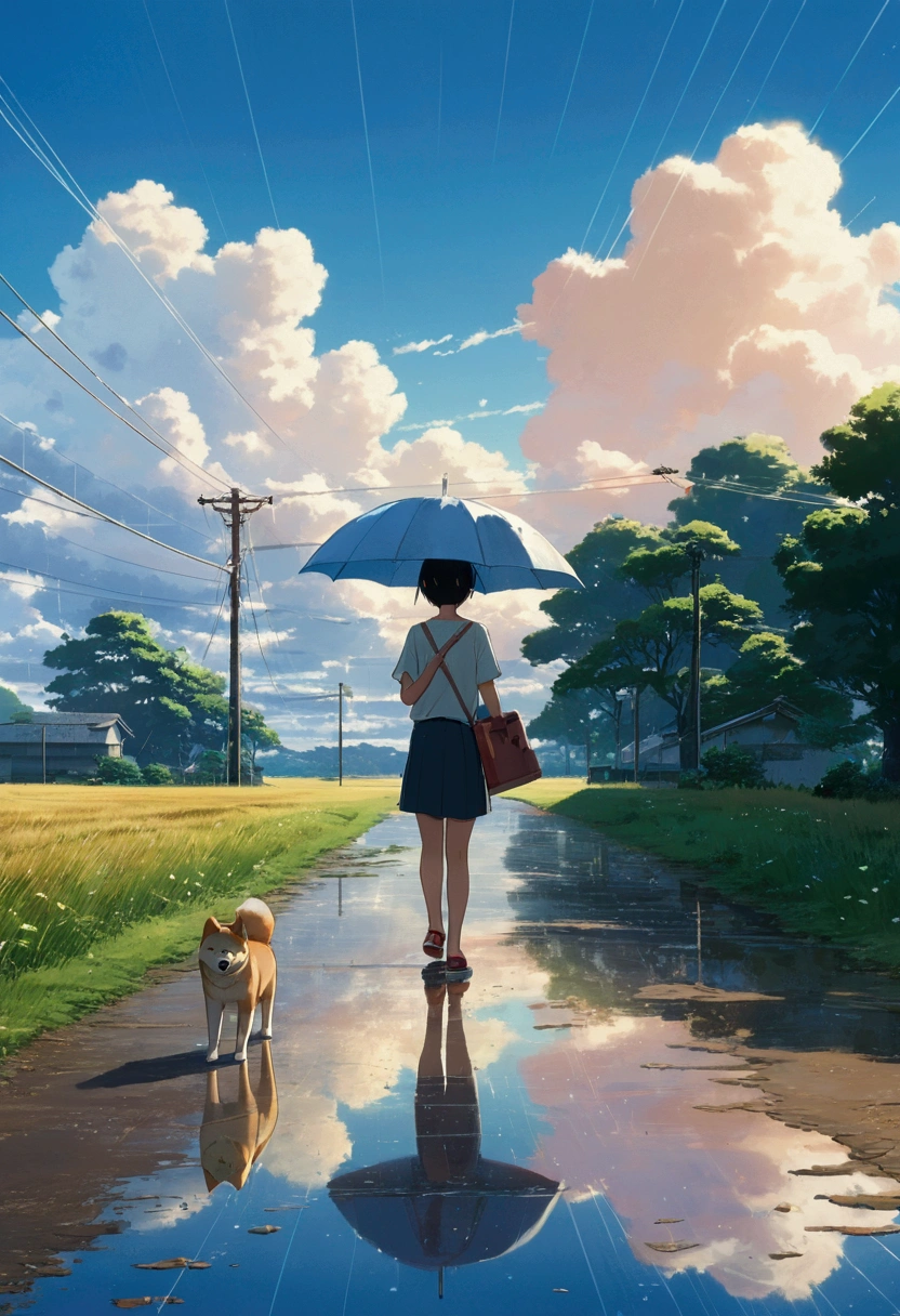 Makoto Shinkai Taste, Beautiful sky, rainy season,Umbrella,Shiba Inu Puppy, Girl with shoes,Romantic Landscape, Healing scenes,hope, Summer Morning,Makoto Shinkai Taste,Detailed Description,