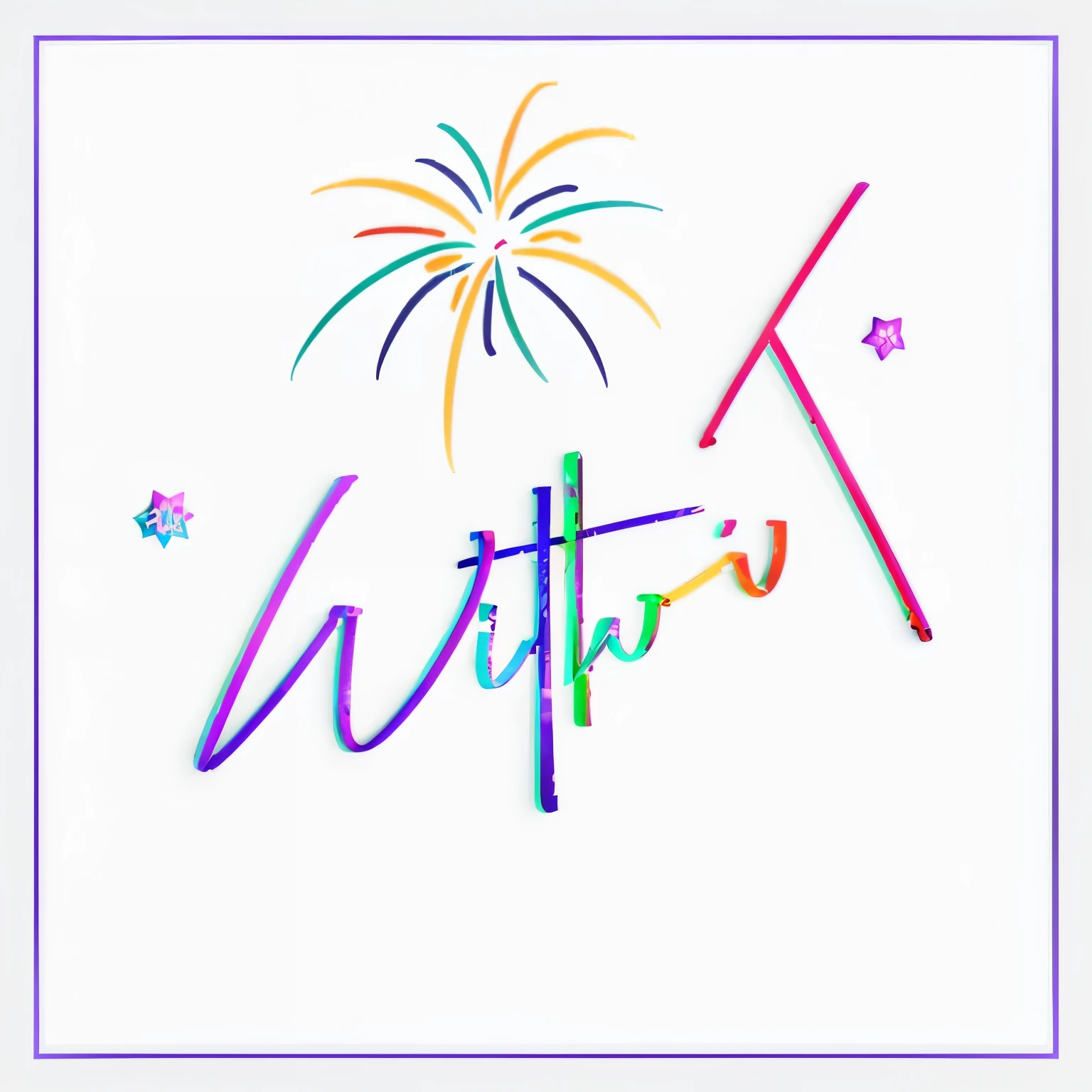 a close up of a colorful fireworks with the word k written in it, with clothese, without text, with infinity, made with illustrator, with white, with text, 🚀🌈🤩, wit studio, with a white background, with stars, with crown, with notes, made with photoshop, with height, with gradients, with fluo colored details
