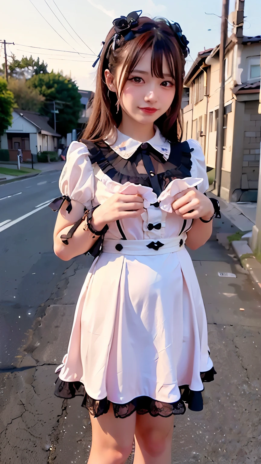 (Realistic, photo-Realistic:1.37), Unbelievably absurd, (Very detailed:1.3), 8K, (masterpiece), (Highest quality:1.4), (Ultra-high resolution:1.2), (RAW Photos:1.2), Very detailed背景, (unity 8K wallpaper), 1 nogizaka girl, very cute, (bishojo:1.35), (17yo:1.4 (white, Black and pink mine fashion), (Delicate and beautiful face, eye, skin), (Beautiful dress with intricate details), Gothic Maid, (Open chest), (Thick black shiny hair), (Elegant frills), (Blue rose hair accessory), (Smiling for the camera), whole body, Street view, Professional Lighting, 1 Girl, (Light pink hair)