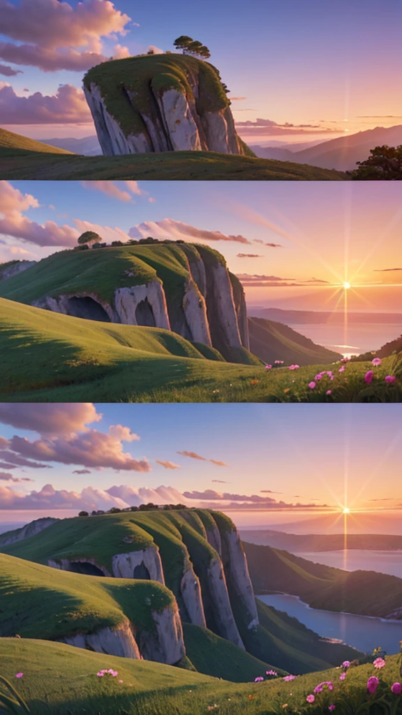 A stunning nature landscape on top of a cliff, overlooking a vast horizon. The sky is painted with the colors of the sunset, with vibrant hues of orange, pink and purple. The sun is partially visible, slowly descending into the horizon, casting a golden glow over the scene. At the top of the cliff, there are green vegetation and colorful wildflowers gently swaying in the wind. No fundo, distant mountains and a serene ocean complete the landscape. The scene is serene, inspiring and full of natural beauty. --With 