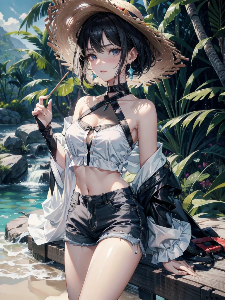 absurdres, RAW photo, extremely delicate and beautiful, masterpiece, Best Quality, ultra high resolution, 32k, hyperrealistic, ultra-detailed, perfect figure, Perfect Style, Perfect balance, in her 20s, very small head, very small face, delicate facial features, tearful mole, earring, very huge breasts, legs, hands, foot, full body shot, medium hair, black hair, colored inner hair, casual, blouse, white shirt, buttoned shirt, bare shoulders, collarbone, midriff, navel, shorts, straw hat,