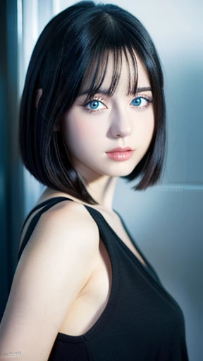((masterpiece))) whole body, (One Girl) ((Black Hair,Straight hair, Short Bob))), blue eyes, Beautiful Eyes, 18-year-old girl.AKB