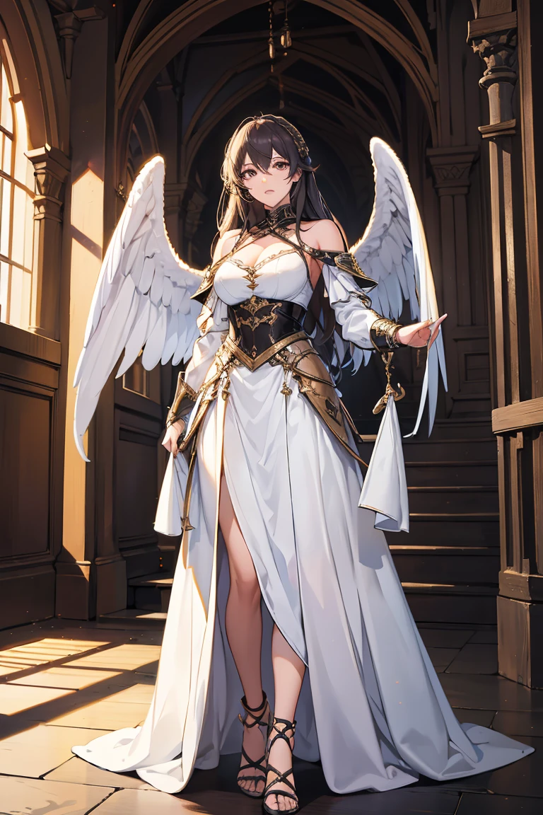 Highest quality, Official Art, masterpiece, Fabric Shading, High resolution, Very detailed, colorful, Best details, Fantasy, Money & White Battle Armor, wearing white battle wings, 1 human female, Age 25, Three Boy Thieves, Multiple thieves, Fear and anxiety expression, Standing on the stairs, Inside the cave, Dark brightness, Choppy Hair, Large Breasts, skinny, Surrounded by a horde of bandits:1.9、Thief in Heat, I feel like I&#39;m being attacked, Mysterious atmosphere、Camel Toe:1.9, Recall, Ground Level Shot:1.9, Combat Stance,