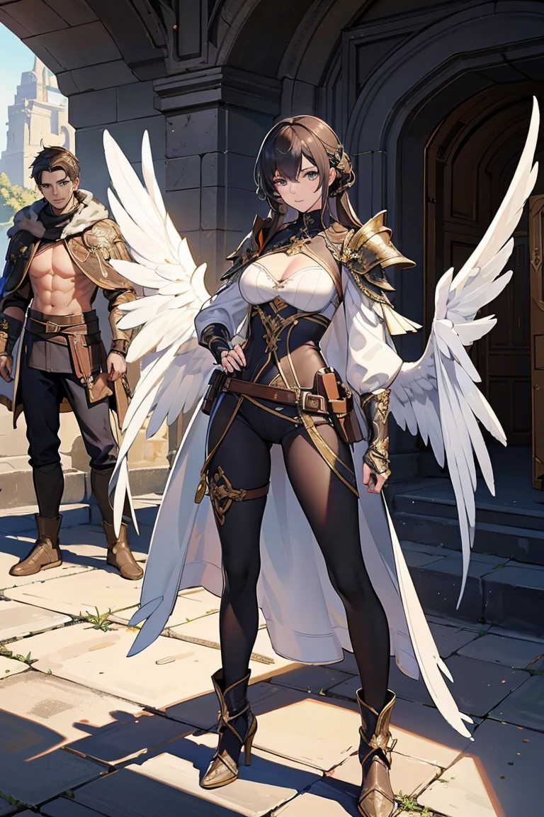 Highest quality, Official Art, masterpiece, Fabric Shading, High resolution, Very detailed, colorful, Best details, Fantasy, Money & White Battle Armor, wearing white battle wings, 1 human female, Age 25, Three Boy Thieves, Multiple thieves, Fear and anxiety expression, Standing on the stairs, Inside the cave, Dark brightness, Choppy Hair, Large Breasts, skinny, Surrounded by a horde of bandits:1.9、Thief in Heat, I feel like I'm being attacked, Mysterious atmosphere、Camel Toe:1.9, Recall, Ground Level Shot:1.9, Combat Stance,