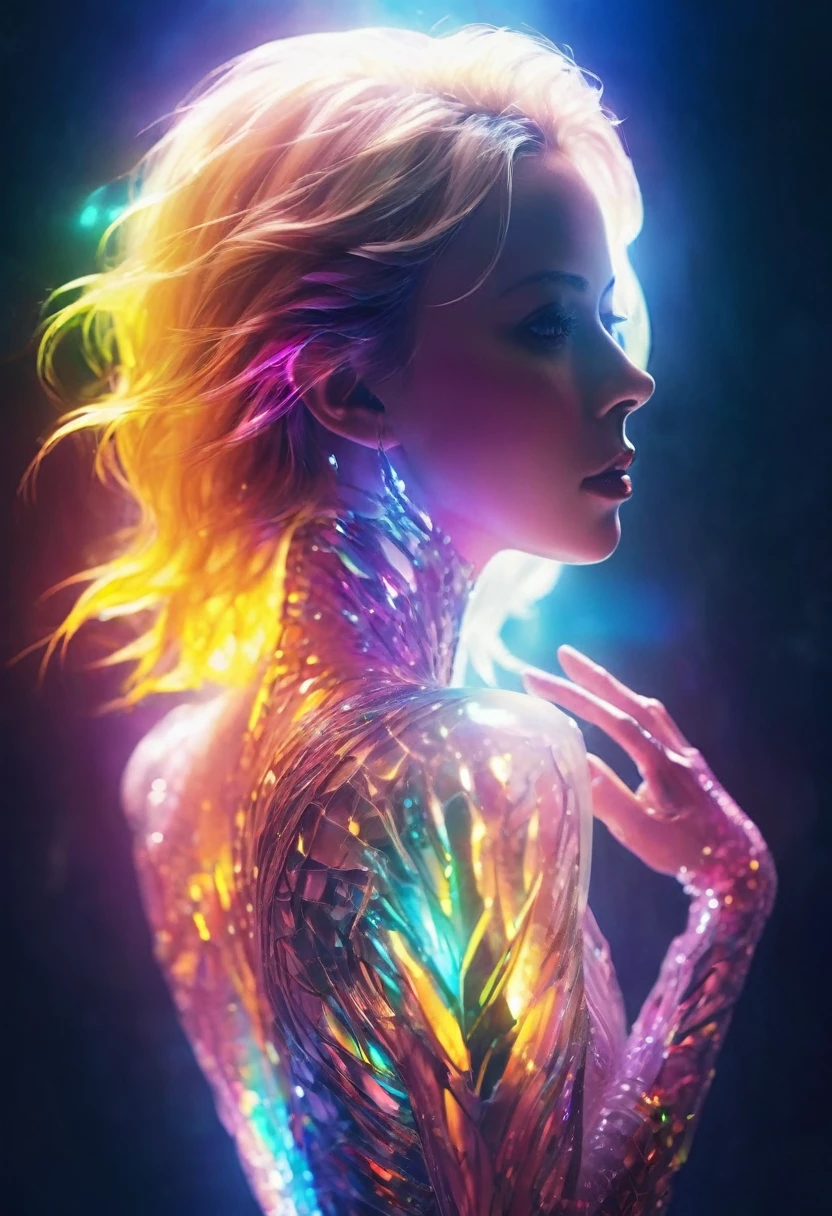 Charlize Theron, Highly detailed female silhouette, phantom figure, (((clear translucent skin:1.5))), (((Translucent:1.5))), Neon, Light Particles, rich and colorful, cmyk color, Backlight,