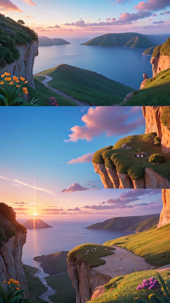 A stunning nature landscape on top of a cliff, overlooking a vast horizon. The sky is painted with the colors of the sunset, with vibrant hues of orange, pink and purple. The sun is partially visible, slowly descending into the horizon, casting a golden glow over the scene. At the top of the cliff, there are green vegetation and colorful wildflowers gently swaying in the wind. No fundo, distant mountains and a serene ocean complete the landscape. The scene is serene, inspiring and full of natural beauty. --With