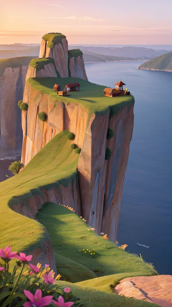 A stunning nature landscape on top of a cliff, overlooking a vast horizon. The sky is painted with the colors of the sunset, with vibrant hues of orange, pink and purple. The sun is partially visible, slowly descending into the horizon, casting a golden glow over the scene. At the top of the cliff, there are green vegetation and colorful wildflowers gently swaying in the wind. No fundo, distant mountains and a serene ocean complete the landscape. The scene is serene, inspiring and full of natural beauty. --With 