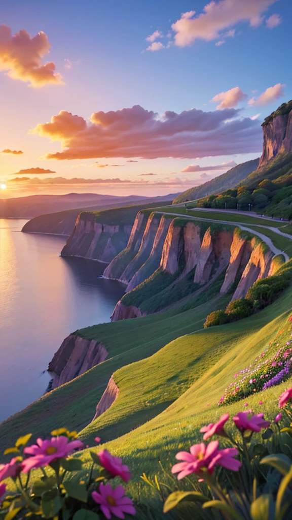 A stunning nature landscape on top of a cliff, overlooking a vast horizon. The sky is painted with the colors of the sunset, with vibrant hues of orange, pink and purple. The sun is partially visible, slowly descending into the horizon, casting a golden glow over the scene. At the top of the cliff, there are green vegetation and colorful wildflowers gently swaying in the wind. No fundo, distant mountains and a serene ocean complete the landscape. The scene is serene, inspiring and full of natural beauty. --With