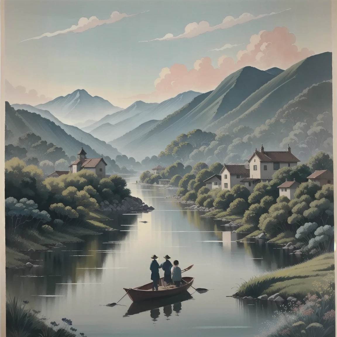 best quality,masterpiece,highly detailed,ultra-detailed,  a painting featuring a little village and water around it, in the style of wu guanzhong, poster, light gray and green, whimsical, childlike figures, ink wash, cityscape, riverbank, boat,traditional media, blue sky, overgrown, plants,flowers